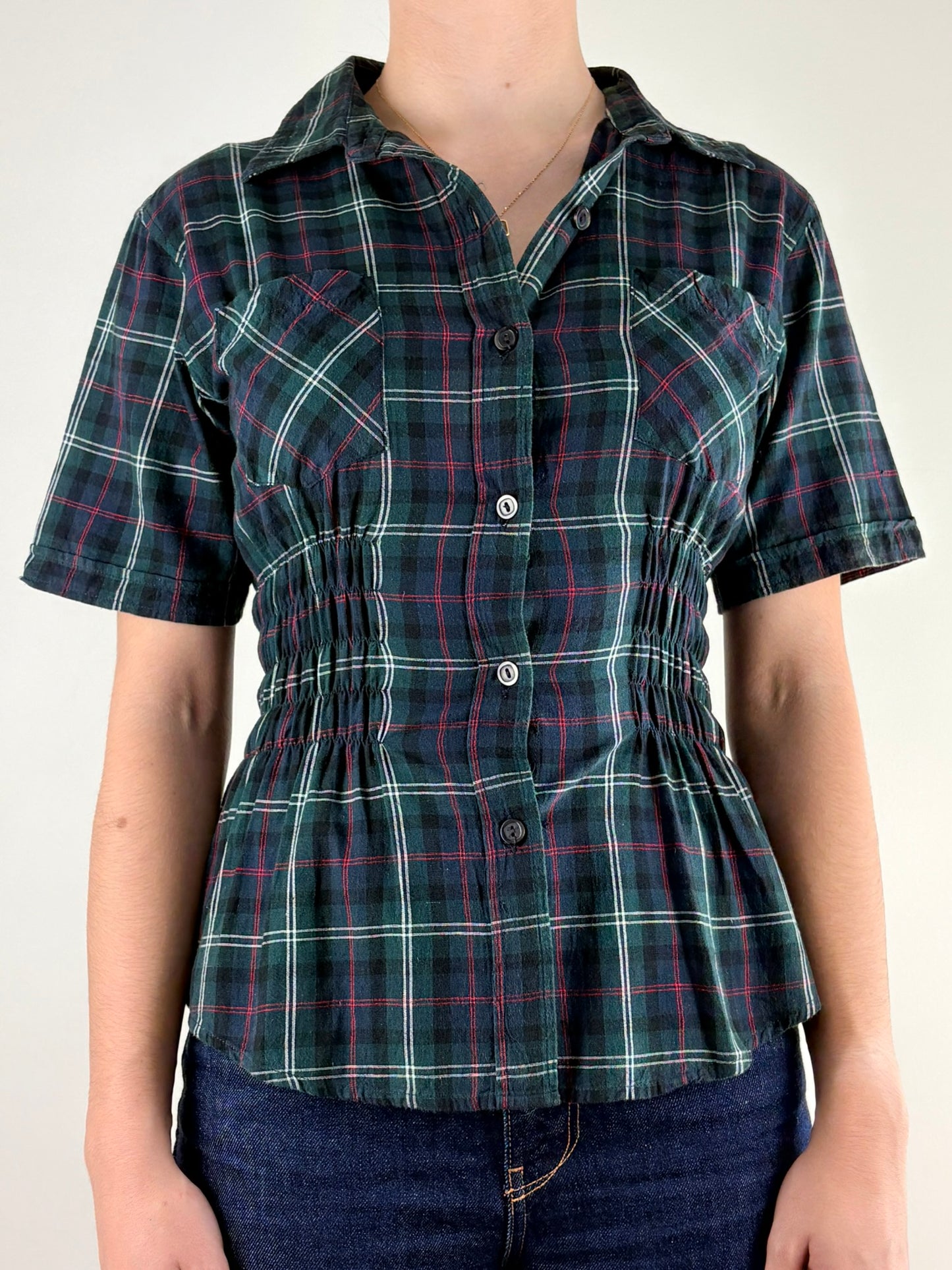  Dark Green Plaid Ruched Top