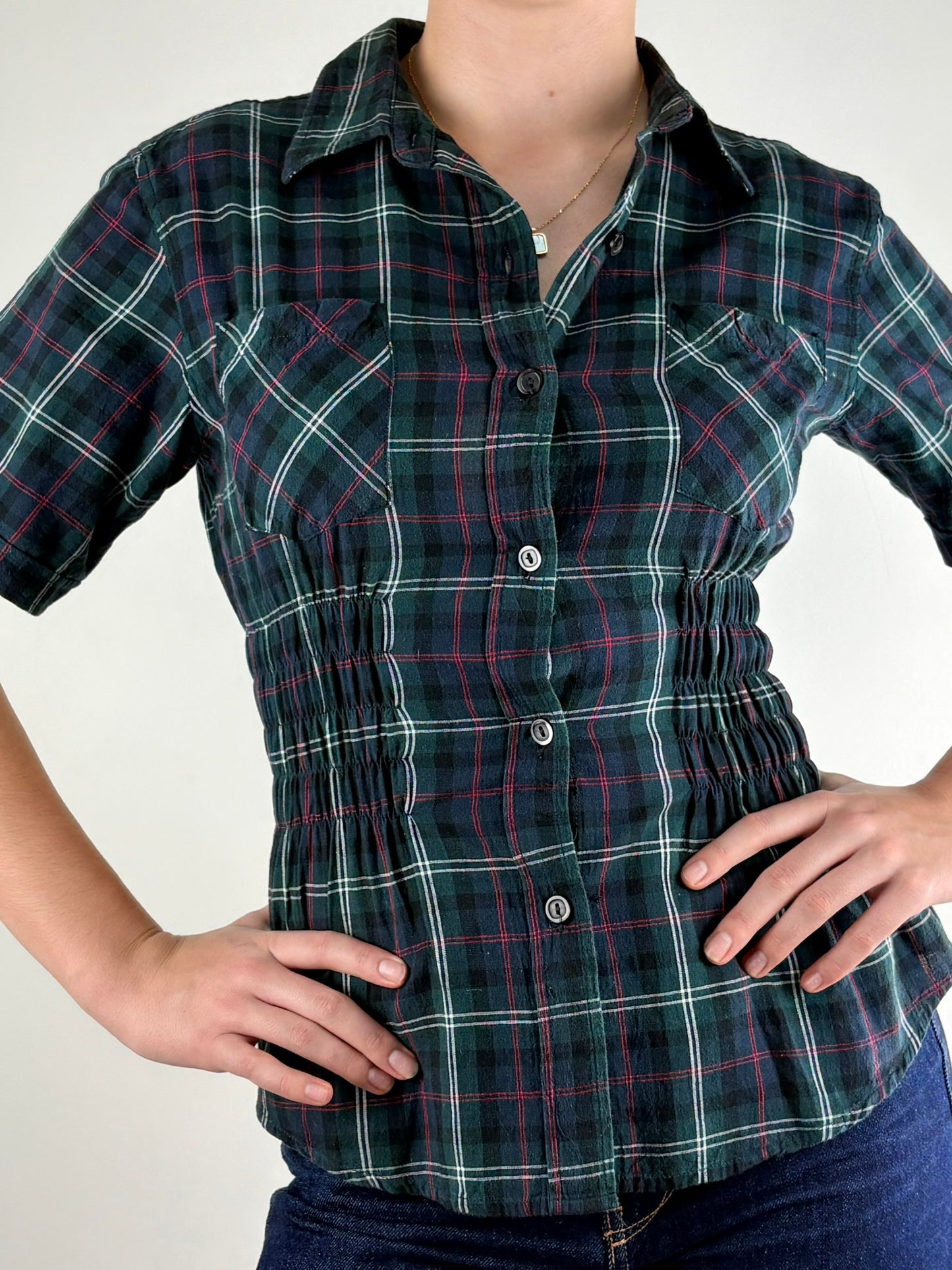  Dark Green Plaid Ruched Top