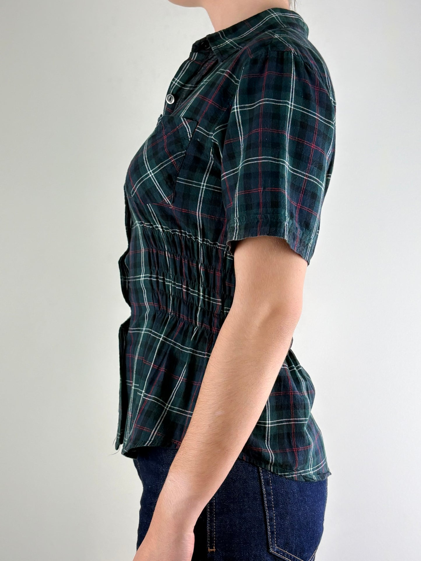  Dark Green Plaid Ruched Top