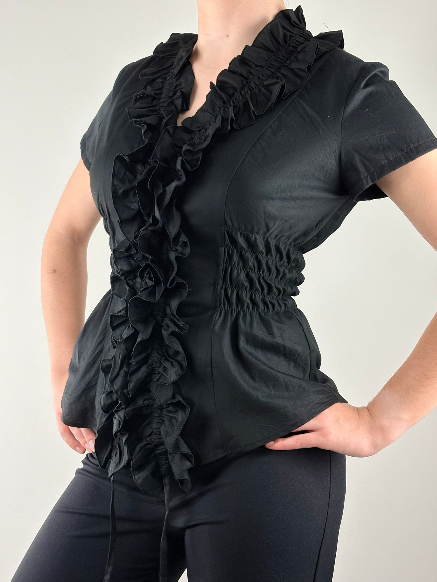 Black Front Ruffle Ruched Top