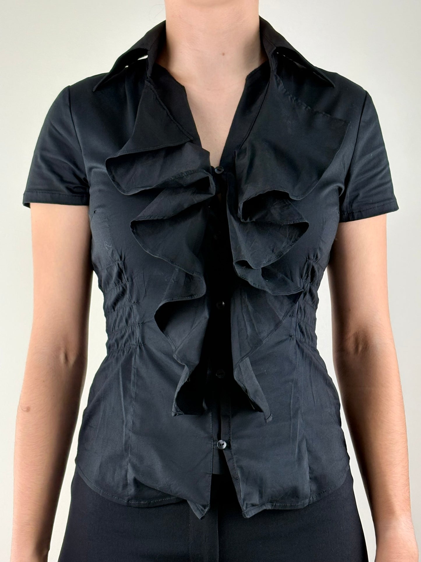 Black Ruffle Collar Ruched Top