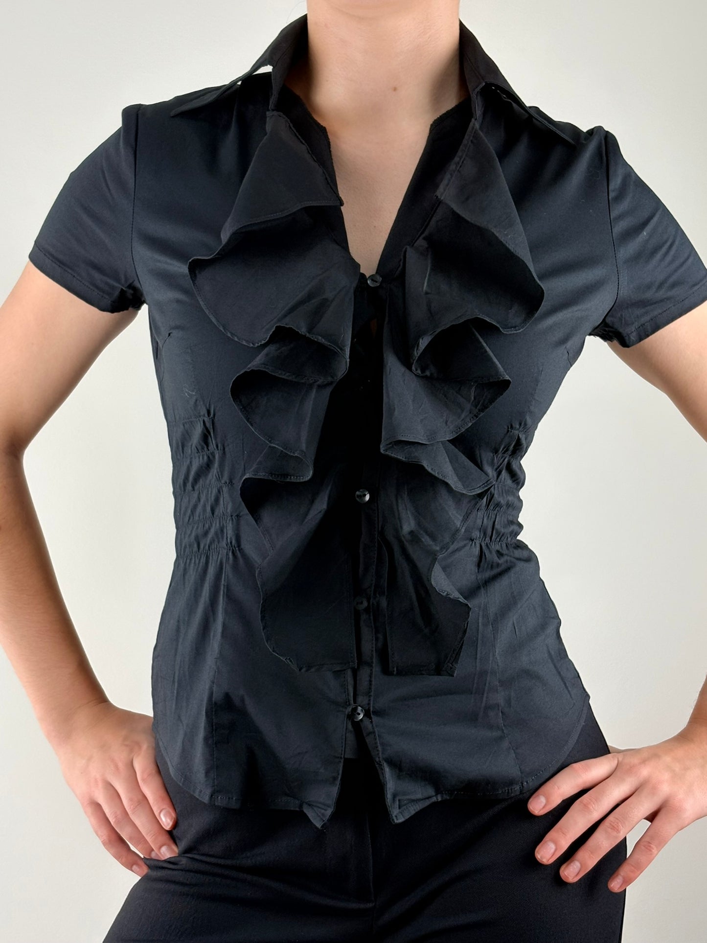 Black Ruffle Collar Ruched Top