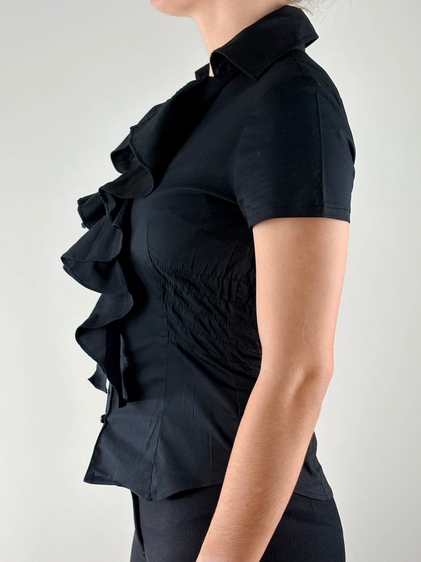 Black Ruffle Collar Ruched Top