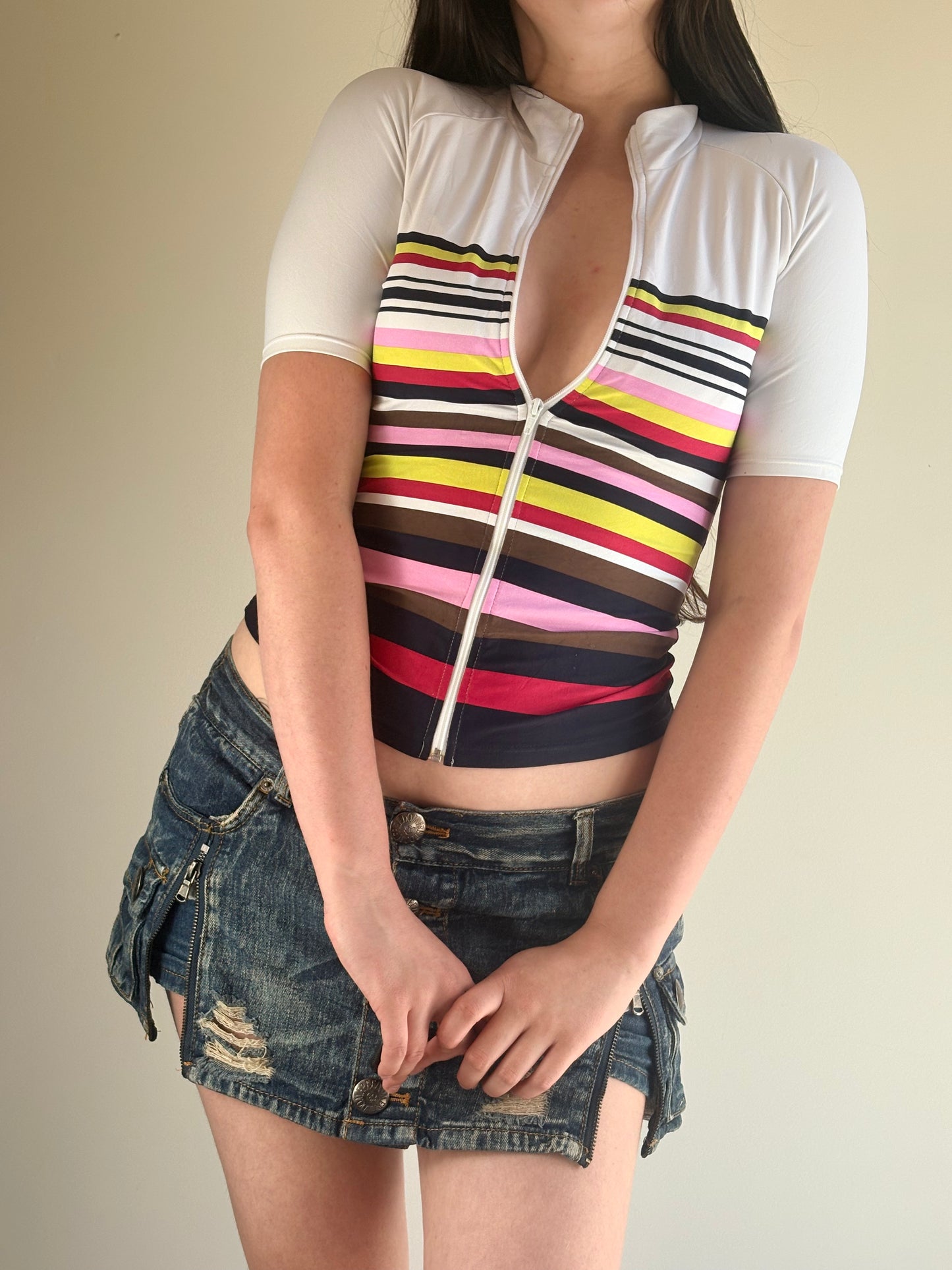 White Stripped Zip Sport Top