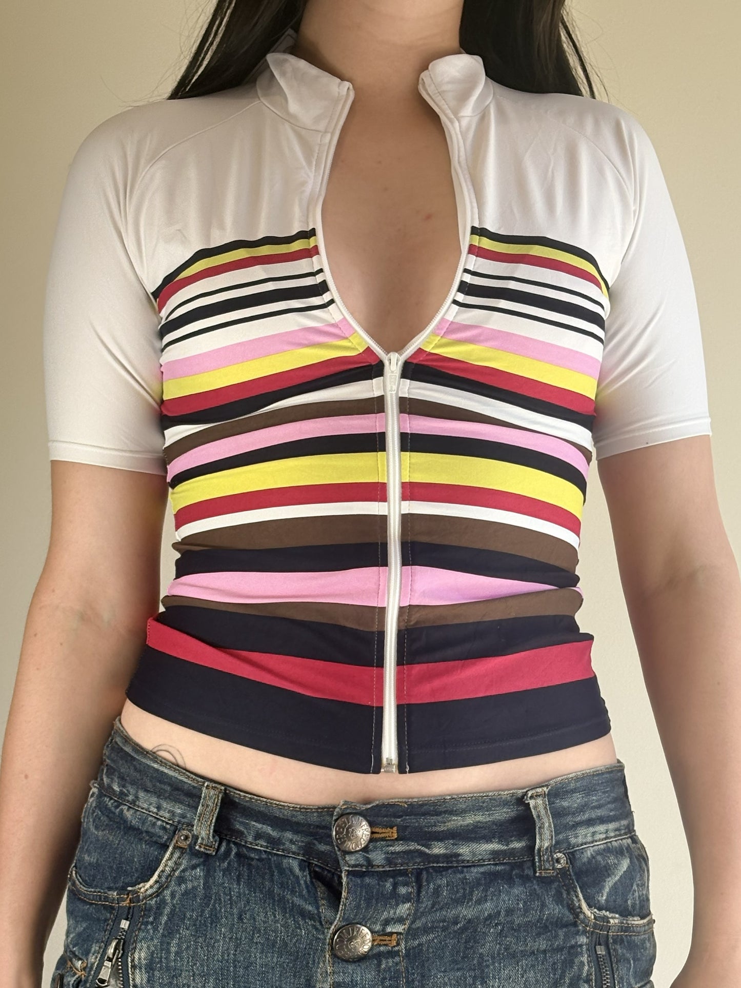 White Stripped Zip Sport Top