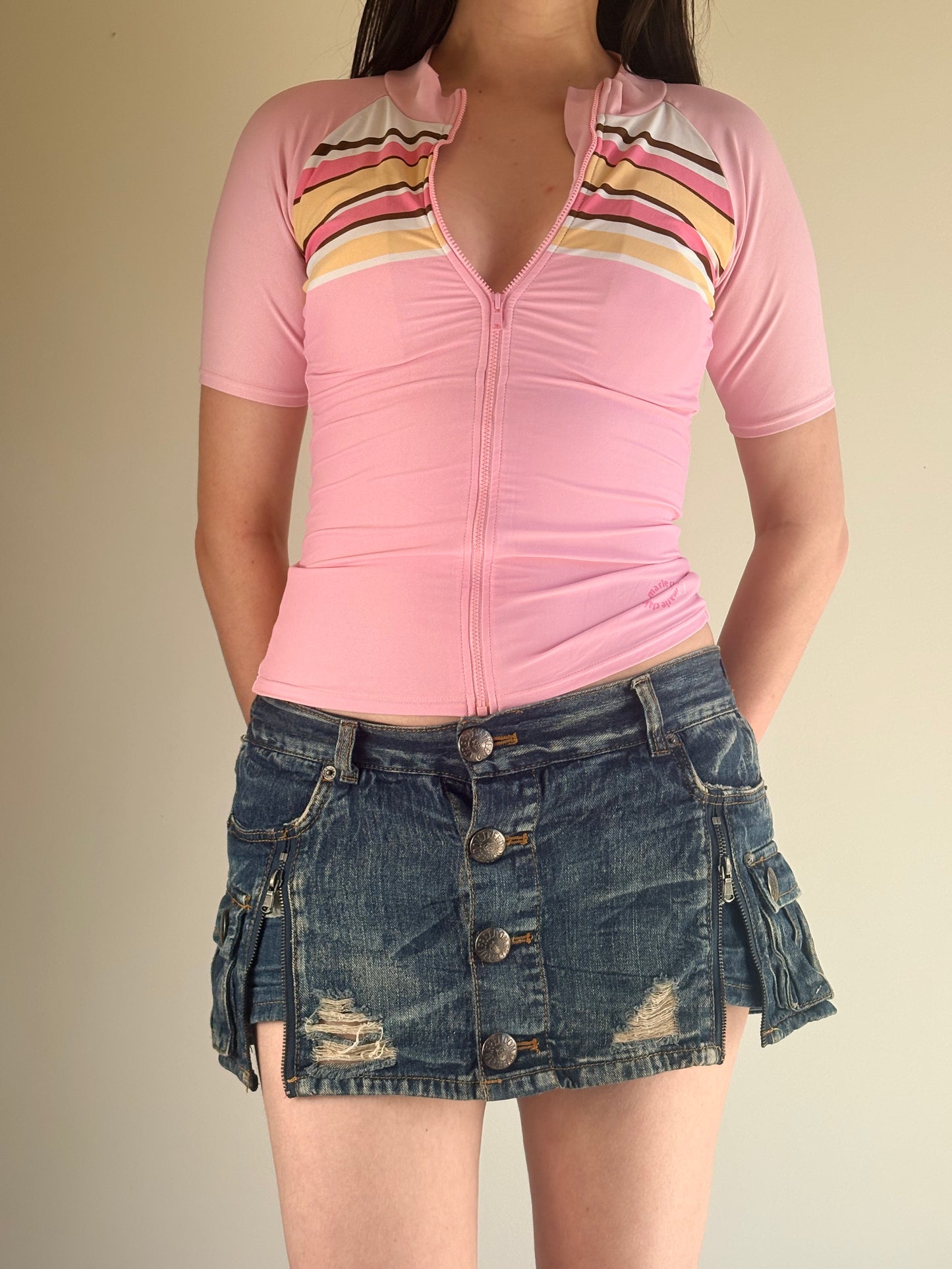 Pink Striped Zip Sport Top