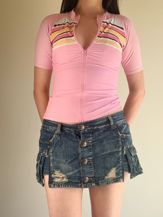 Pink Striped Zip Sport Top