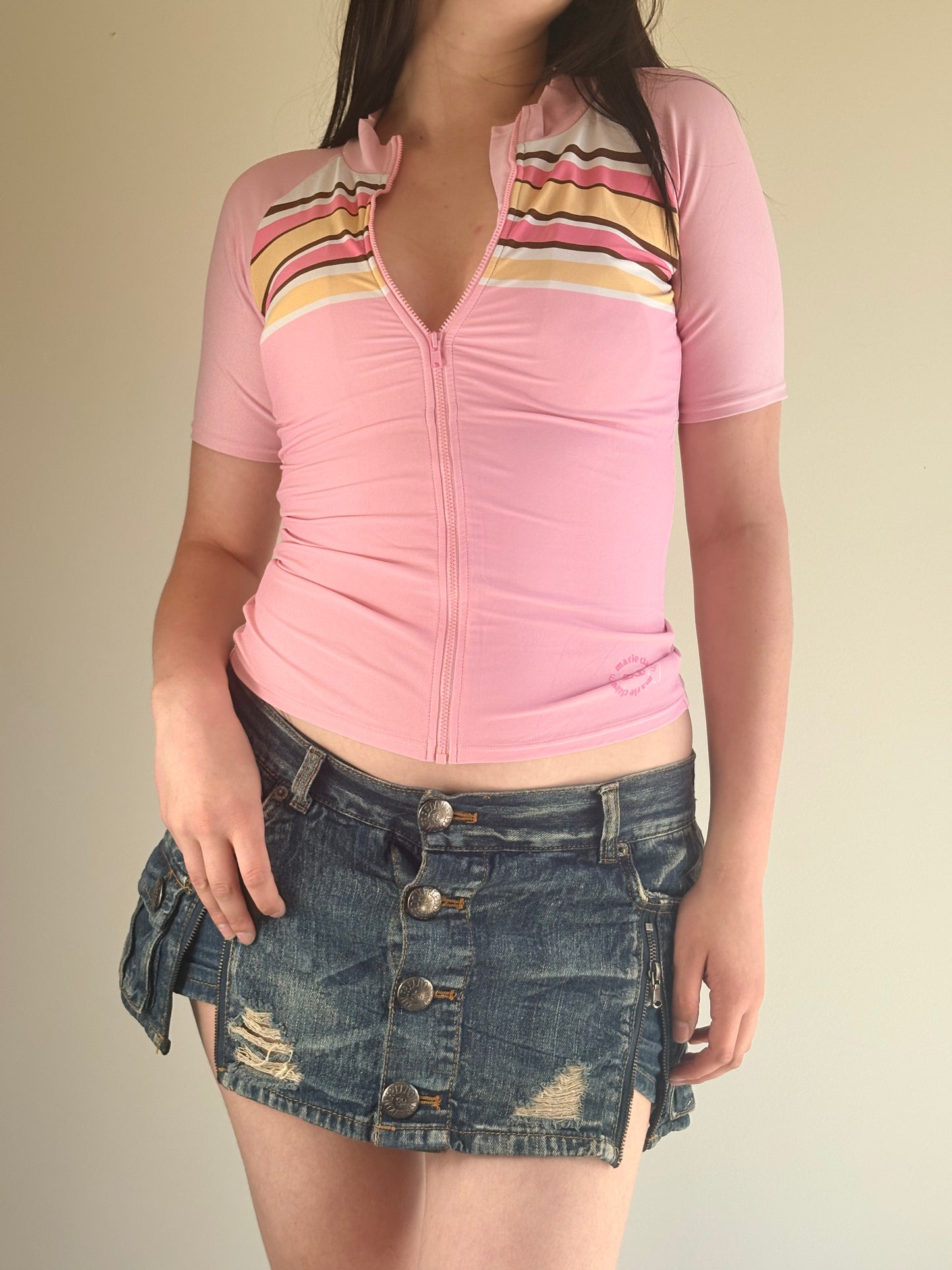 Pink Striped Zip Sport Top