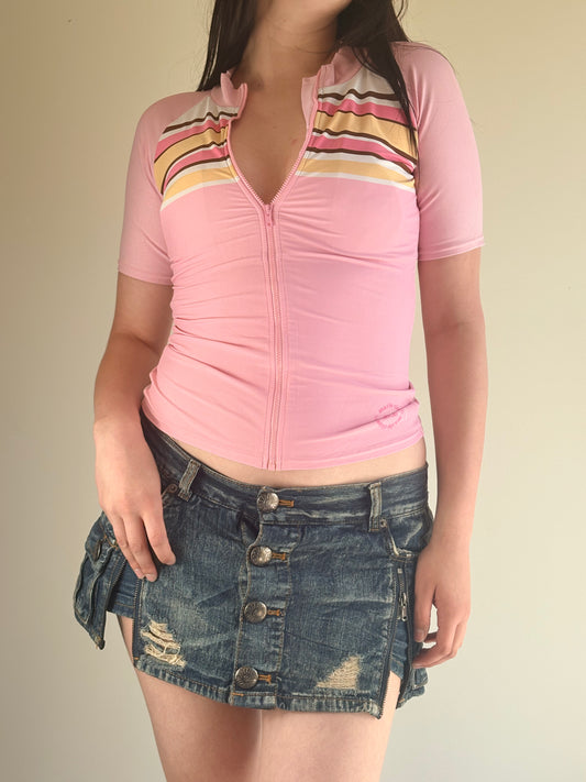 Pink Striped Zip Sport Top
