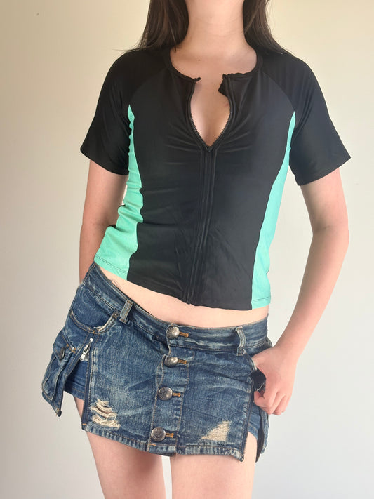 Black & Teal Short Sleeve Zip Sports Top