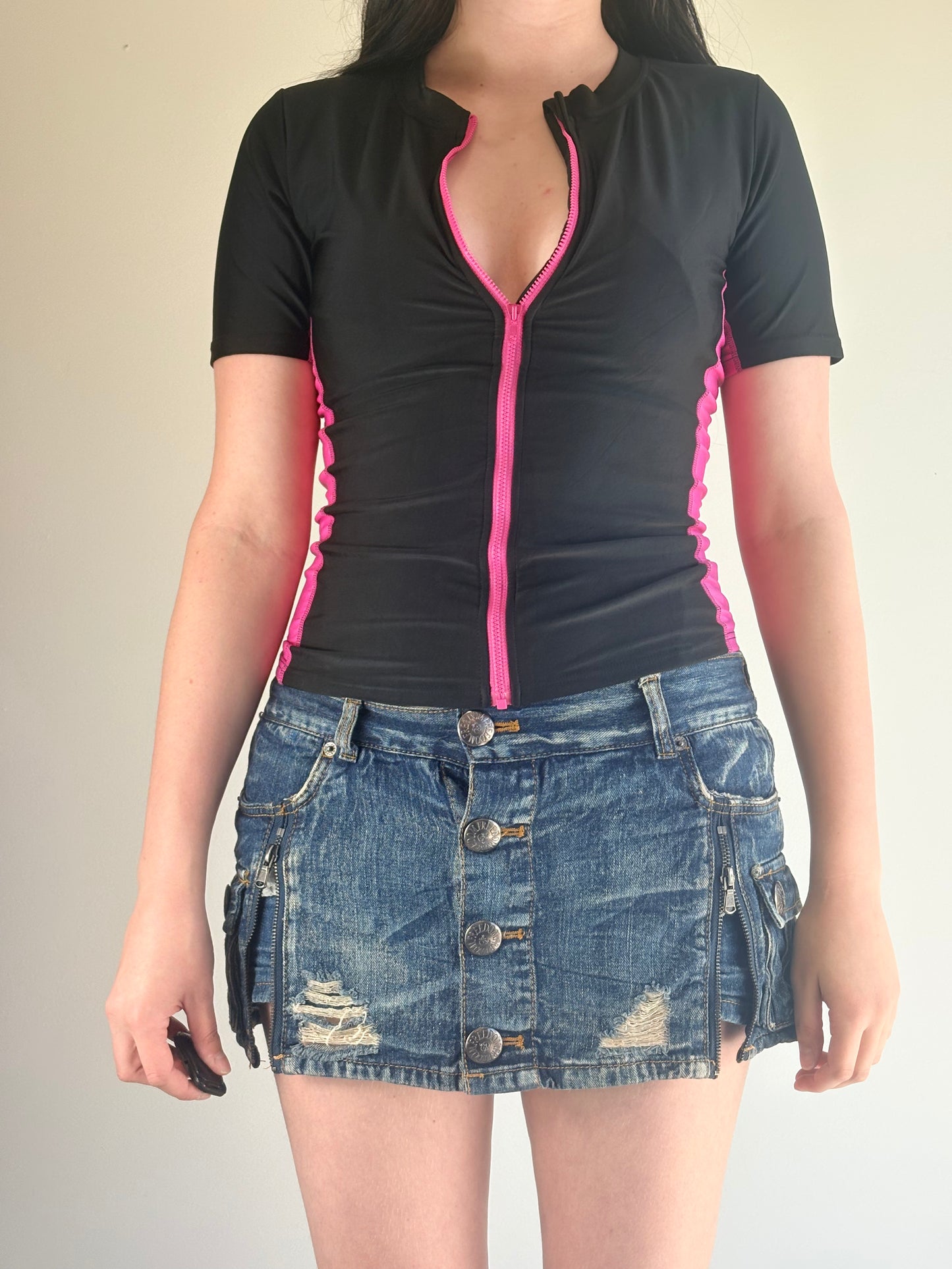 Black Pink Zip Sports Top