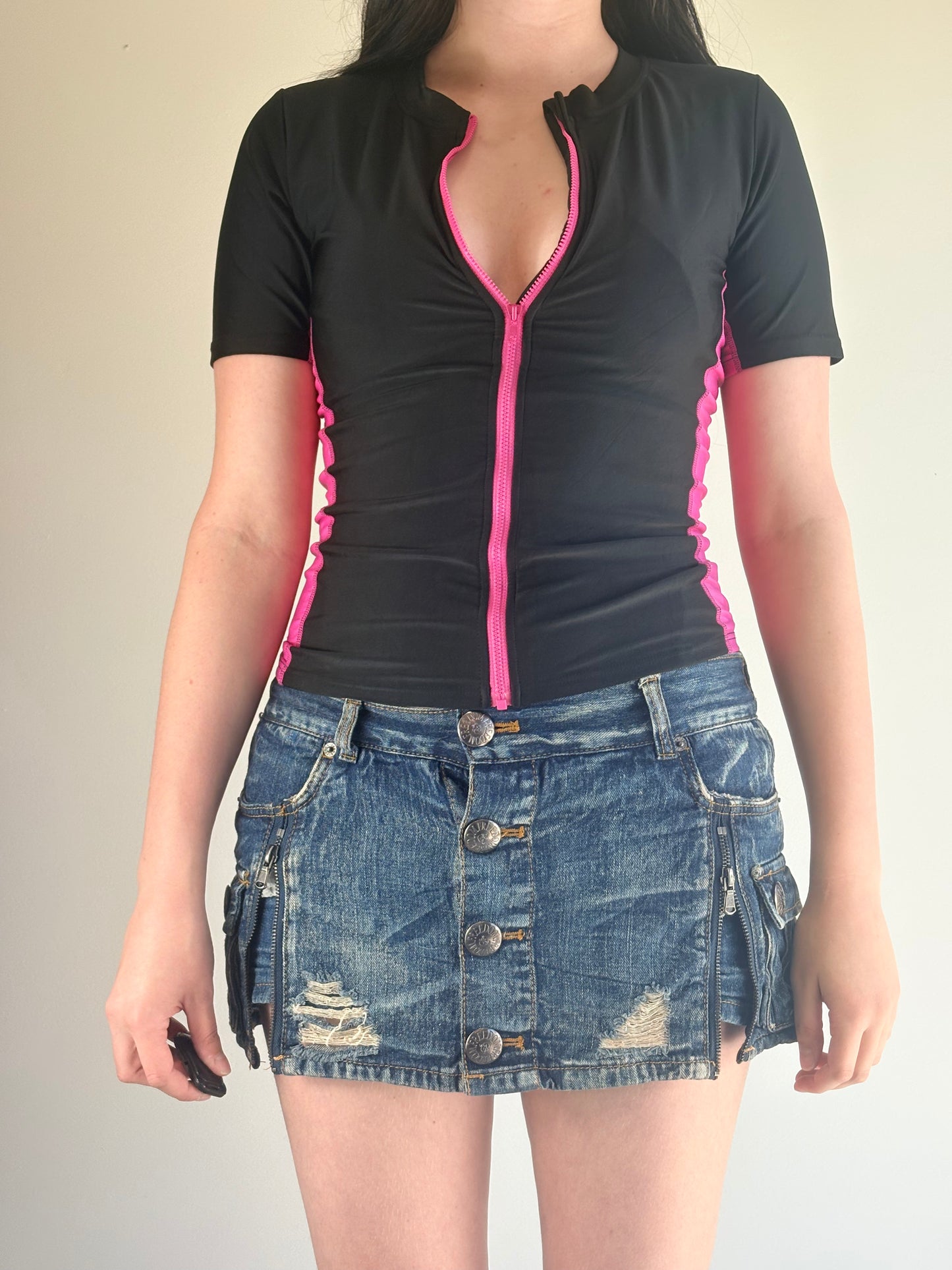 Black Pink Zip Sports Top