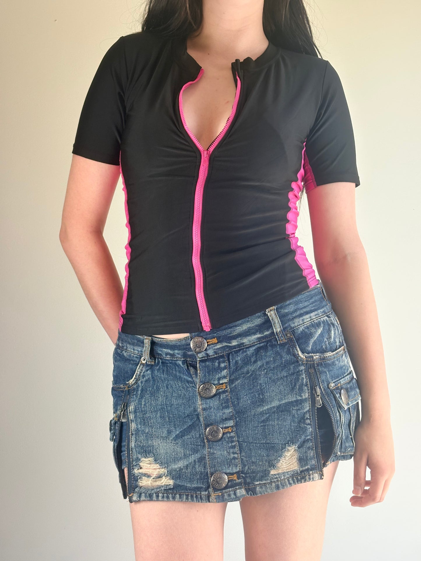 Black Pink Zip Sports Top