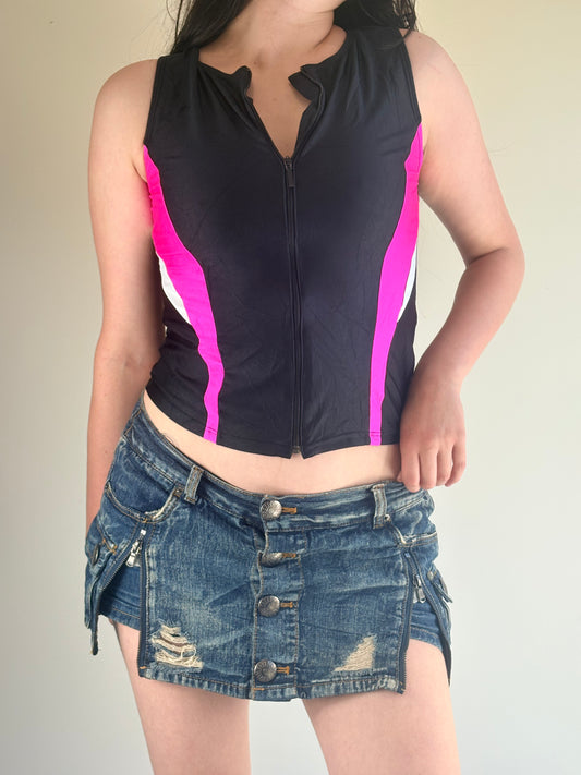 Black & Pink Sleeveless Zip Sport Top