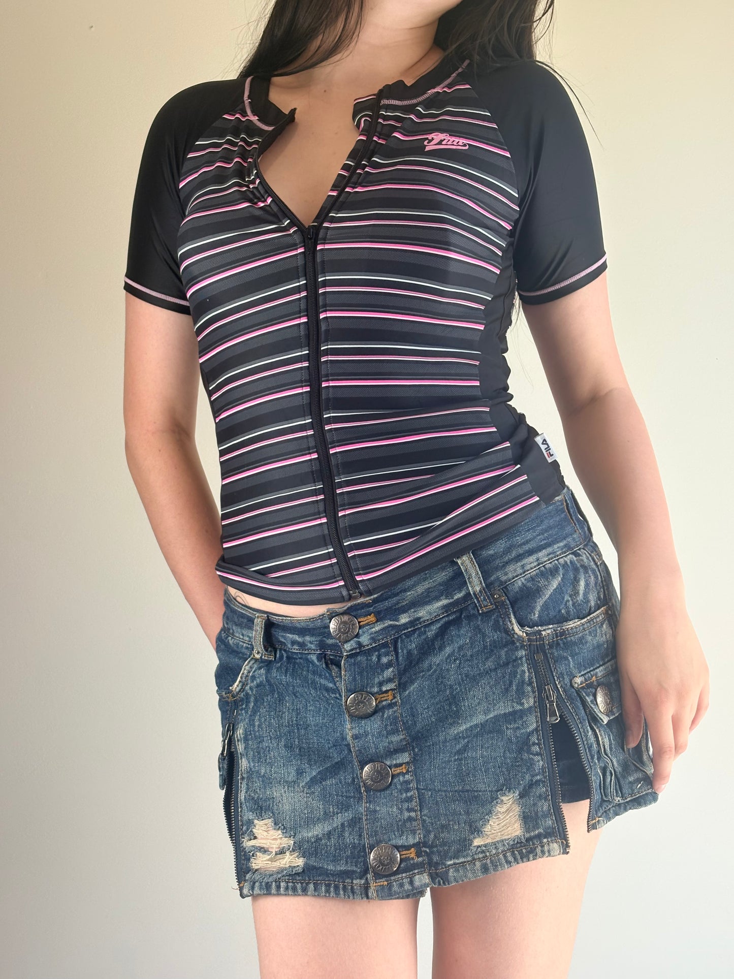 Fila Black Zip Striped Sport Top