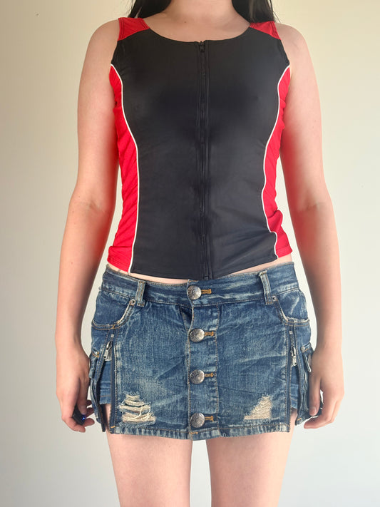 Black & Red  Sleeveless Zip Sport Top