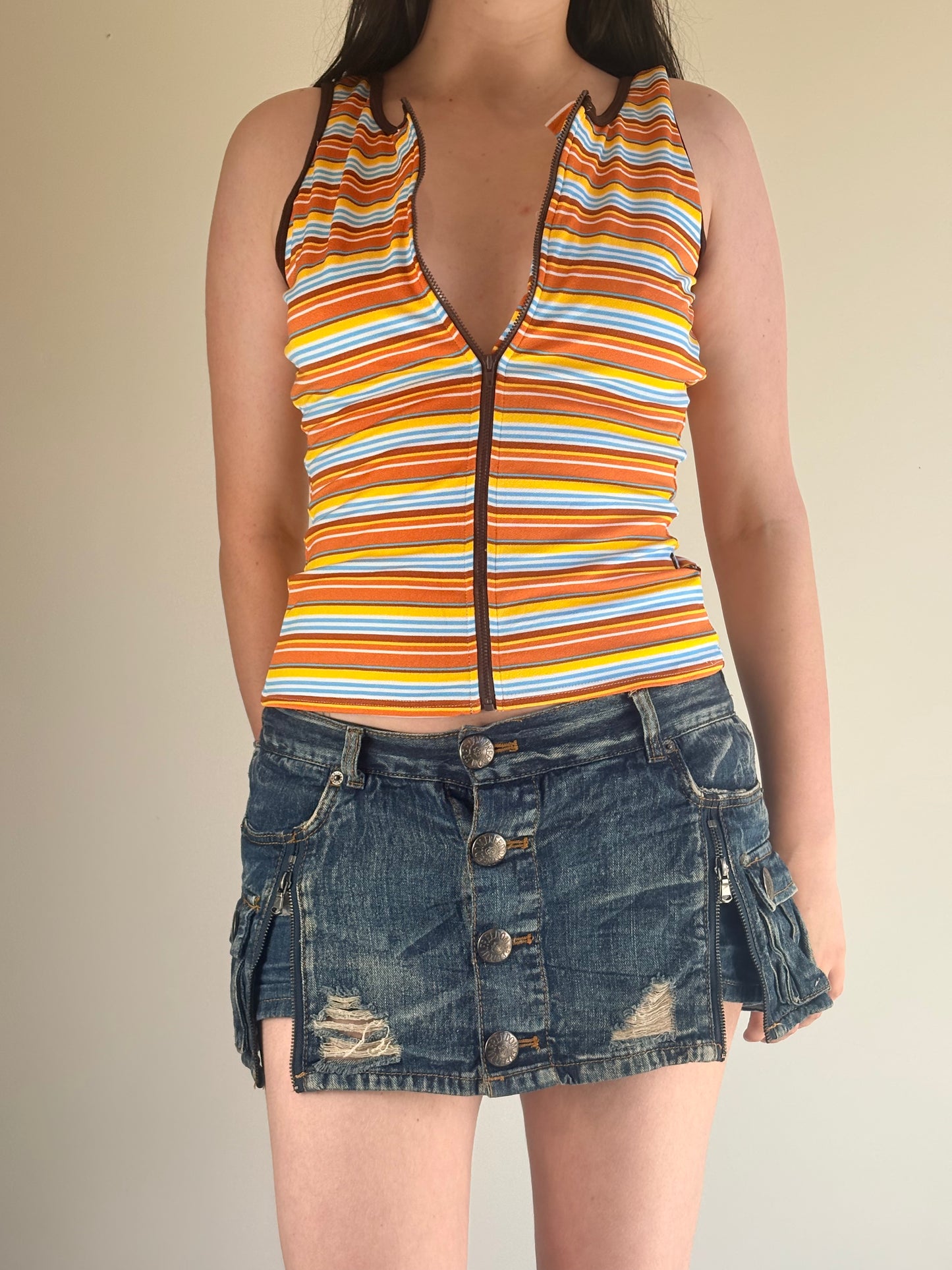 Brown Sleeveless Striped Zip Top