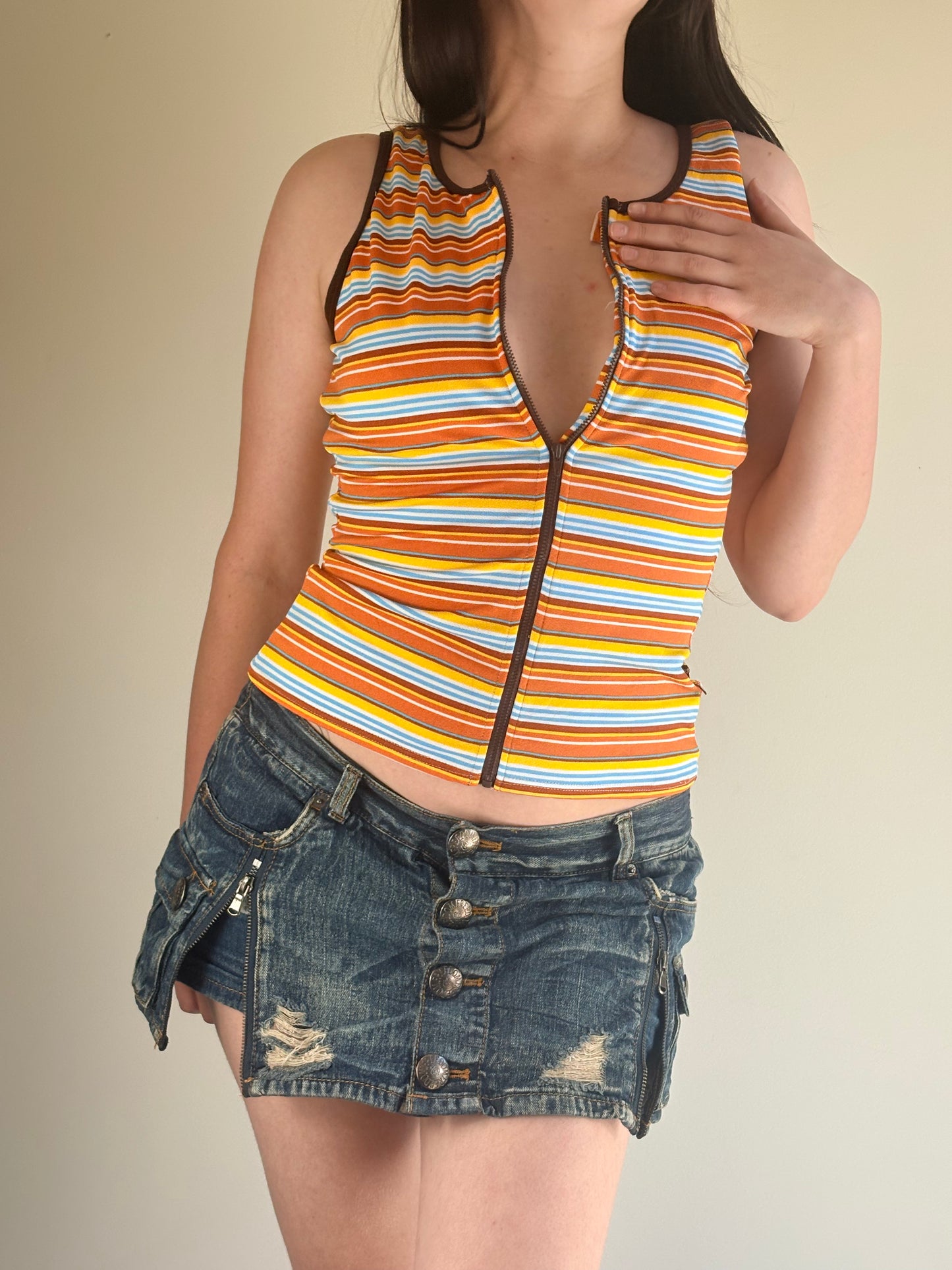 Brown Sleeveless Striped Zip Top