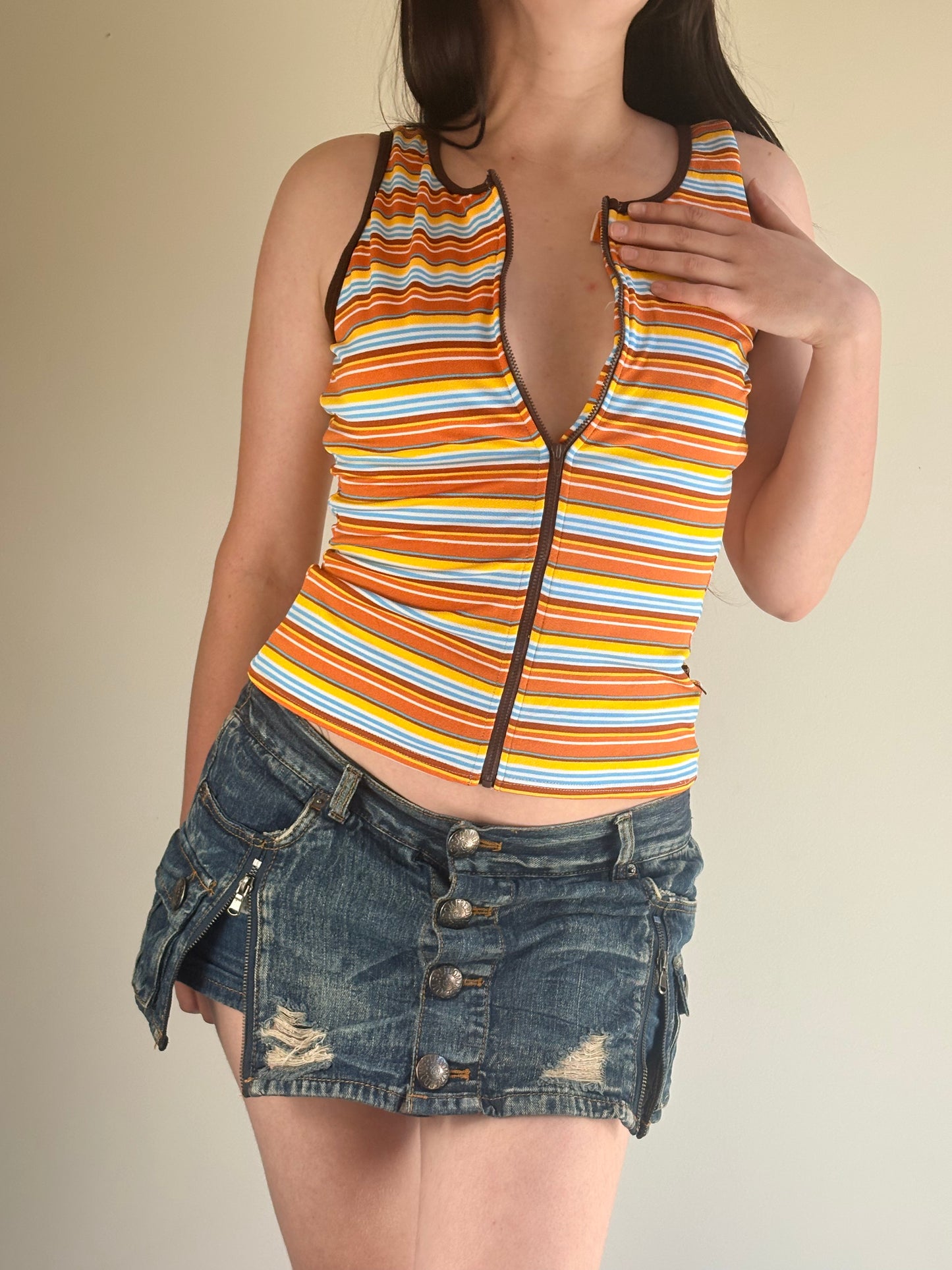 Brown Sleeveless Striped Zip Top