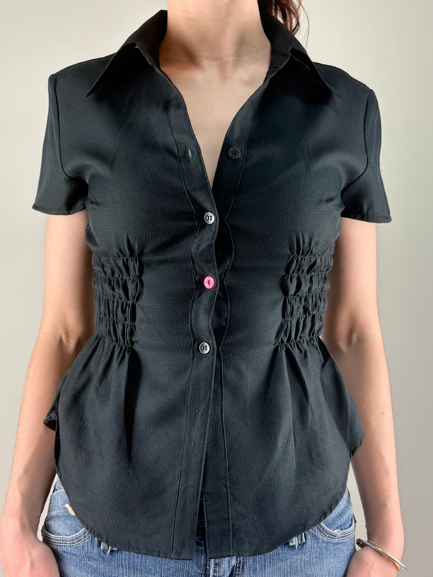 Black Textured Ruched Top