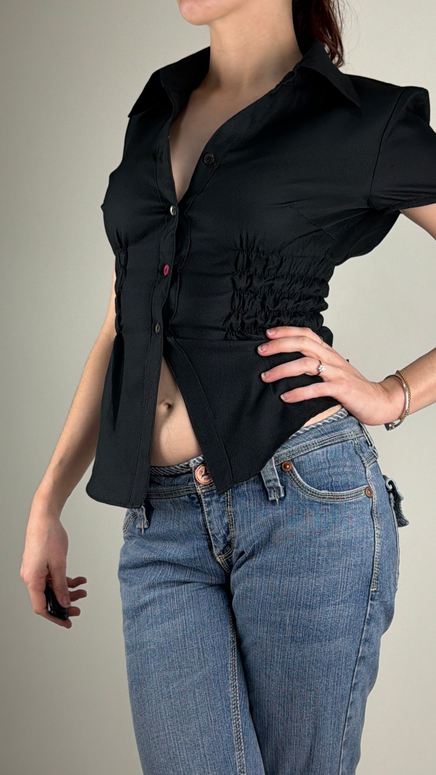 Black Textured Ruched Top