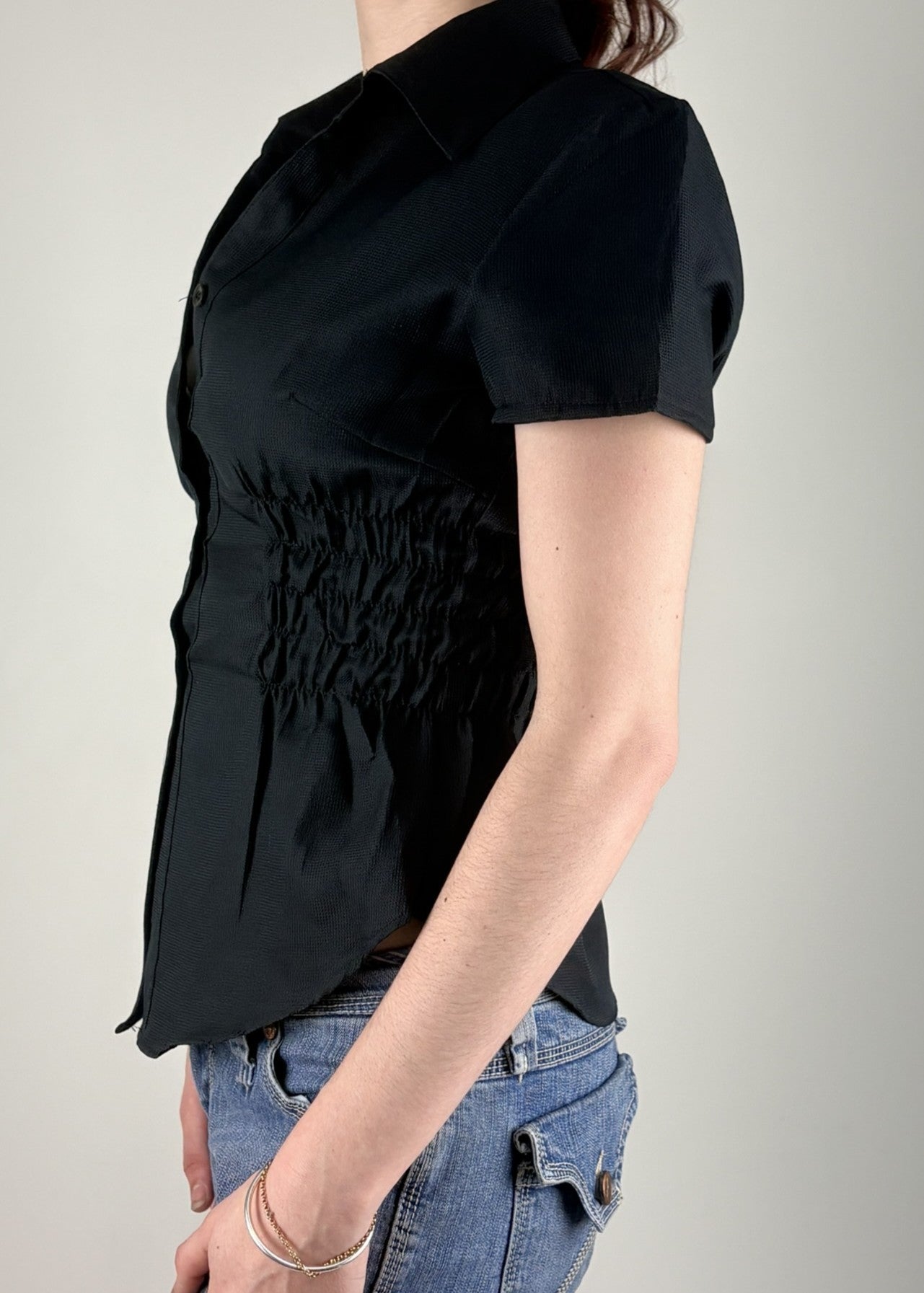 Black Textured Ruched Top