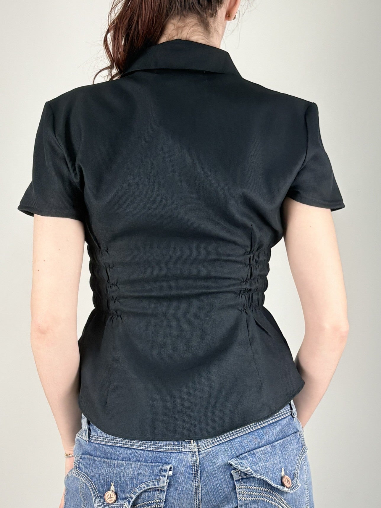 Black Textured Ruched Top