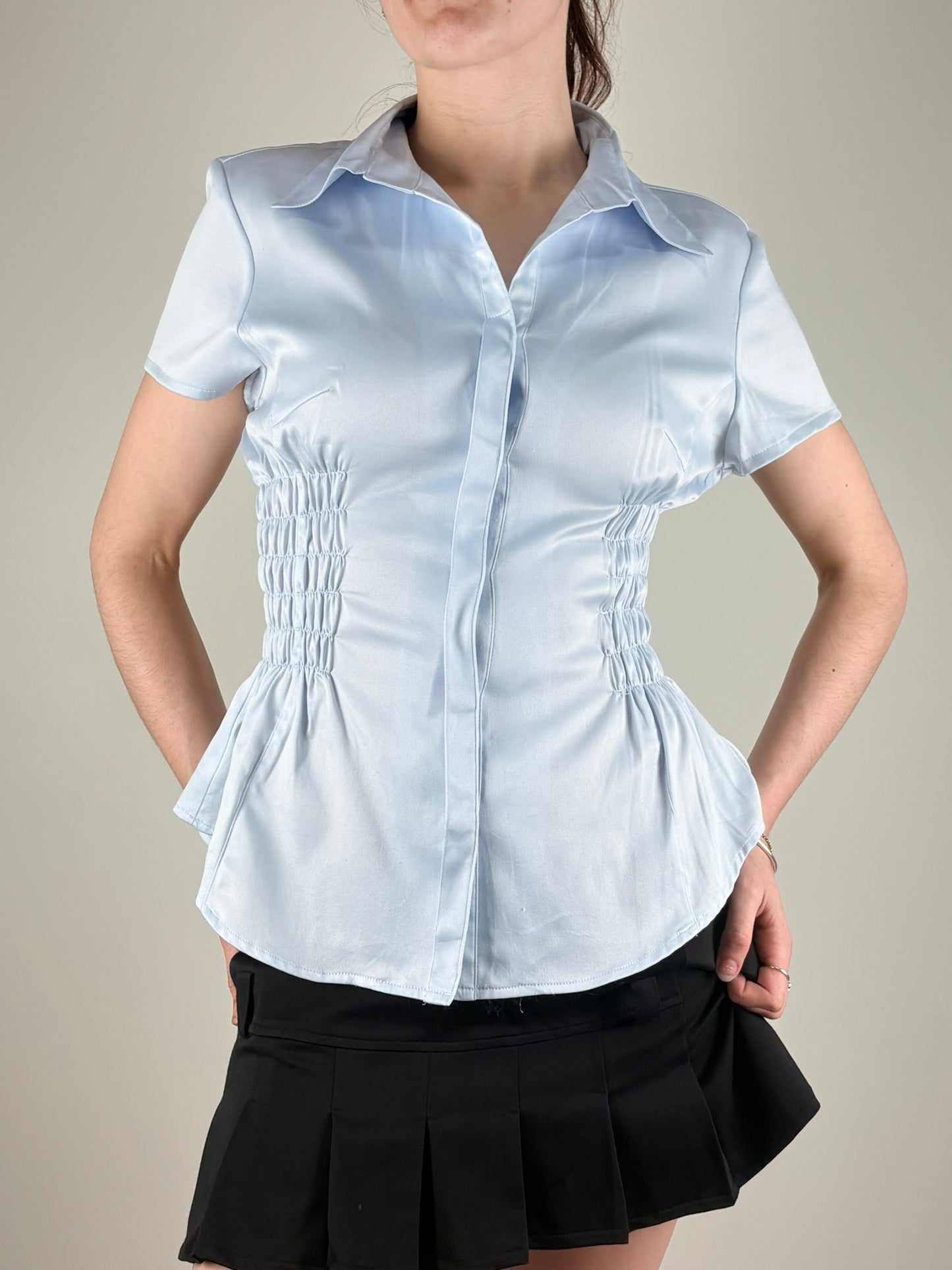 Baby Blue Satin Ruched Top