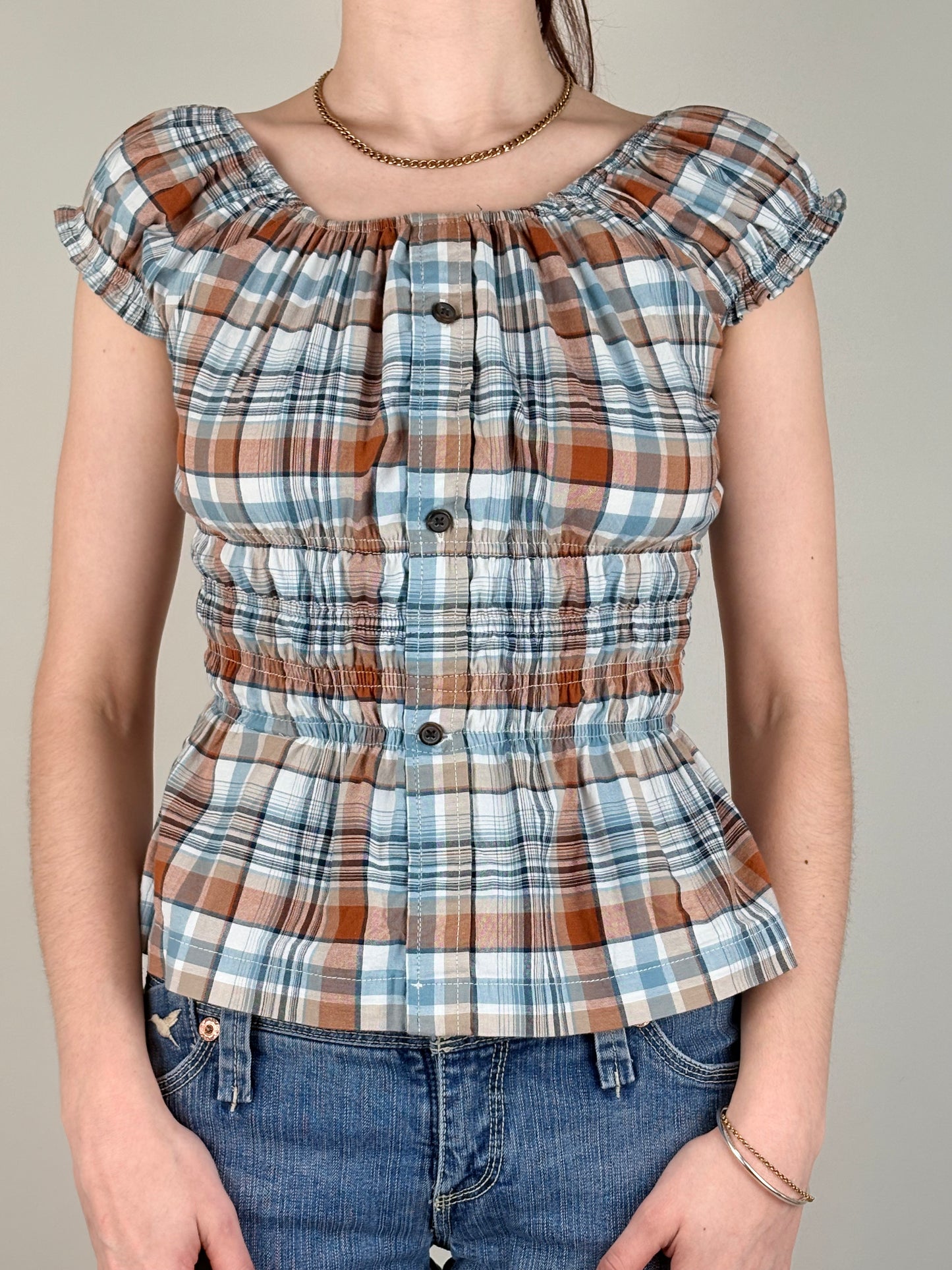 Upcycled Plaid Milkmaid Top