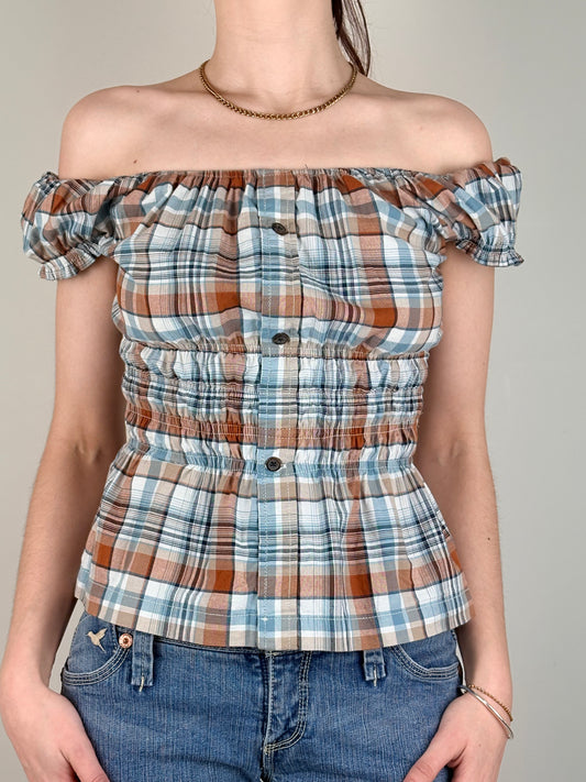 Upcycled Plaid Milkmaid Top