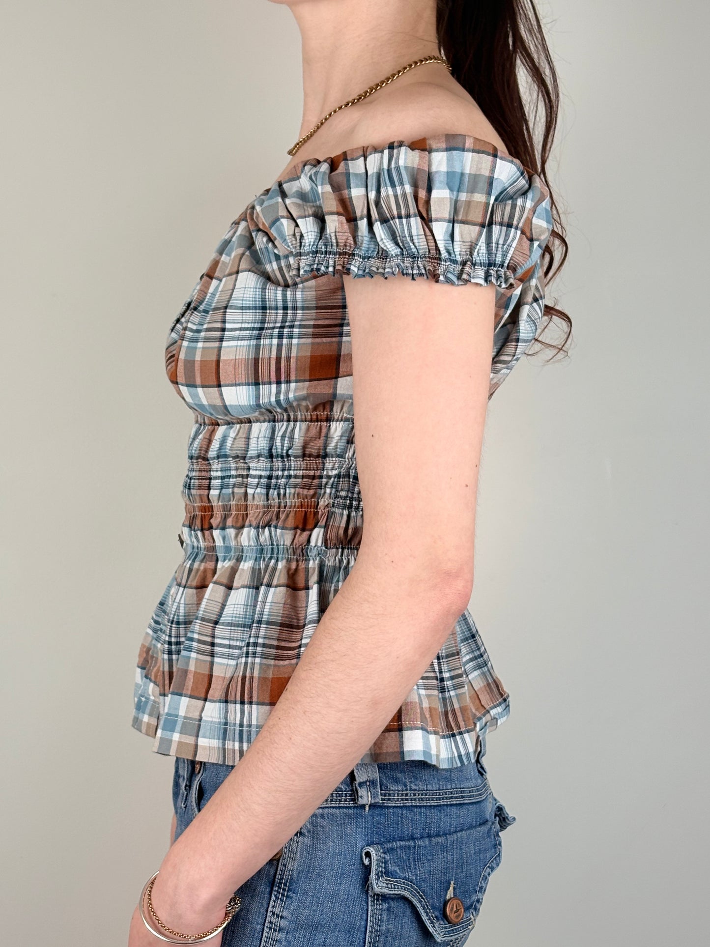 Upcycled Plaid Milkmaid Top
