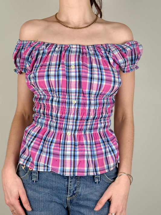 Upcycled Pink and Blue Plaid Milkmaid Top