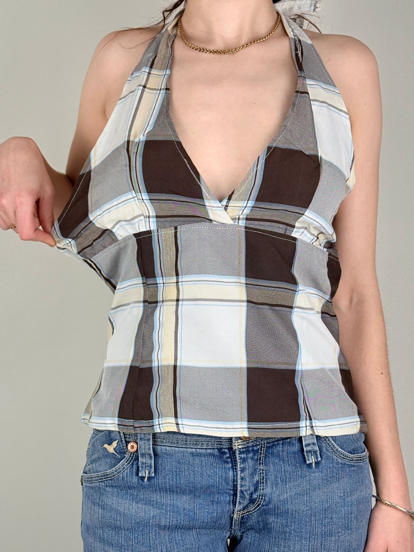 Upcycled Brown Plaid Halter Top