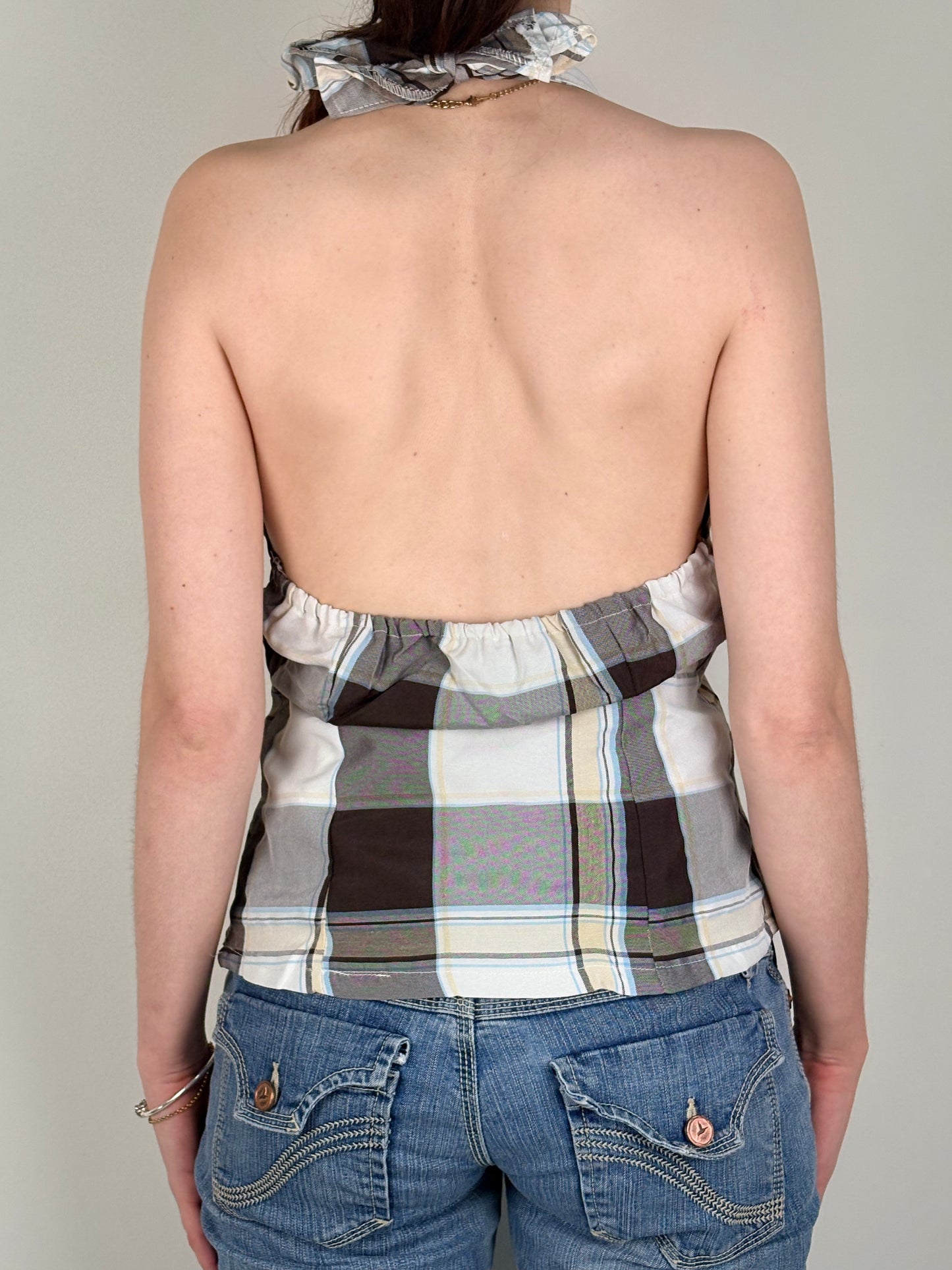 Upcycled Brown Plaid Halter Top